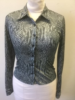 Womens, Blouse, DOLLHOUSE, Gray, Black, Polyester, Reptile/Snakeskin, M, Stretchy, Long Sleeve Button Front, Collar Attached, Form Fitting, Late 1990's