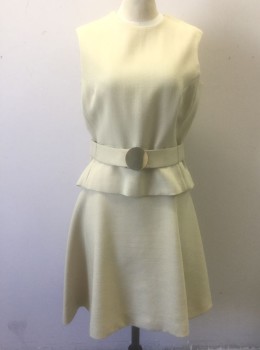 N/L, Beige, Wool, Nylon, Solid, Nylon Bodice/Top Half, Sleeveless, Scoop Neck, Bottom is Beige Wool, A-Line, Knee Length, Center Back Zipper, **With Matching Wool Belt with Gold Circular Buckle