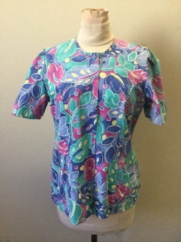 NURSE MATES, Pink, Green, White, Yellow, Poly/Cotton, Floral, Floral Chalk Outline Pattern, Snap Front, Pleated Short Sleeves, 2 Patch Pockets, Drawstring Back Waist