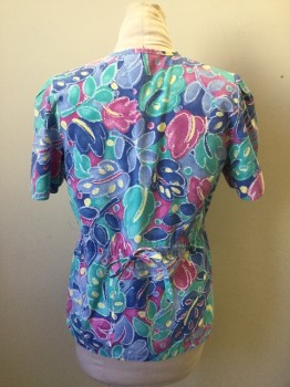 NURSE MATES, Pink, Green, White, Yellow, Poly/Cotton, Floral, Floral Chalk Outline Pattern, Snap Front, Pleated Short Sleeves, 2 Patch Pockets, Drawstring Back Waist