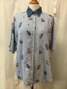 Womens, Shirt, XQUIZZIT, White, Blue, Red, Brown, Cotton, Holiday, Novelty Pattern, M, Short Sleeves, of Blue and White Stripe Cotton with Teddy Bear Print in USA/ 4th of July Theme. Solid Blue Collar, Button Front, 1 Pocket, Late 1980's Early 1990's,