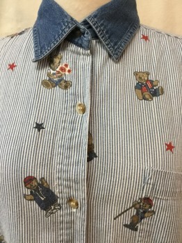XQUIZZIT, White, Blue, Red, Brown, Cotton, Holiday, Novelty Pattern, Short Sleeves, of Blue and White Stripe Cotton with Teddy Bear Print in USA/ 4th of July Theme. Solid Blue Collar, Button Front, 1 Pocket, Late 1980's Early 1990's,