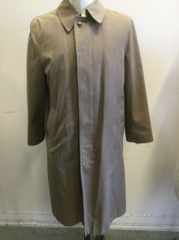 Mens, Coat, Trenchcoat, Lt Brown, Polyester, Solid, 40, Button Front, Hidden Placket, Collar Attached, Pockts, Wrist Tabs, No Lining