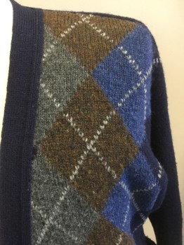 FORBES, Blue, Brown, Gray, Navy Blue, Wool, Argyle, Cardigan, 5 Worn Buttons, Solid Navy Back,