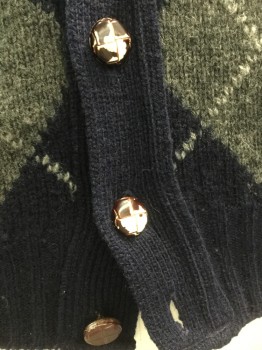 FORBES, Blue, Brown, Gray, Navy Blue, Wool, Argyle, Cardigan, 5 Worn Buttons, Solid Navy Back,