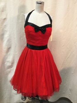 UNIQUE VINTAGE, Red, Black, Polyester, Solid, Lined, Pleated/gathered Poly Chiffon, Black Ribbon Halter, Bow and Sweetheart Neckline Trim, Black Ribbon Belt Applique, Full Skirt Cut Short with Black Crinoline Poking Out Underneath, Back Zipper, Multiples,