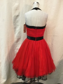 UNIQUE VINTAGE, Red, Black, Polyester, Solid, Lined, Pleated/gathered Poly Chiffon, Black Ribbon Halter, Bow and Sweetheart Neckline Trim, Black Ribbon Belt Applique, Full Skirt Cut Short with Black Crinoline Poking Out Underneath, Back Zipper, Multiples,