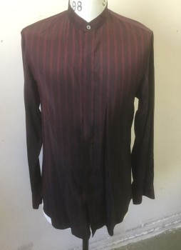 ANN DEMEULEMEESTER, Red Burgundy, Black, Silk, Stripes - Pin, Burgundy with Black Pinstripes, Long Sleeve Button Front, Band Collar, MULTIPLES
