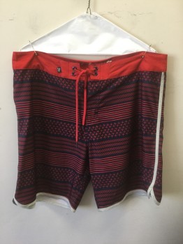 Mens, Swim Trunks, LOST, Navy Blue, Red, Polyester, Elastane, Stripes - Horizontal , Geometric, W:36, Plus Signs + and Slashes, Laces at Center Front Waist, Light Gray Trim at Outseam & Leg Openings, 8.5" Inseam
