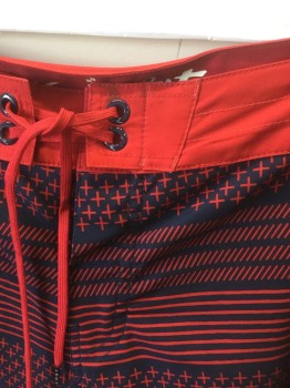 Mens, Swim Trunks, LOST, Navy Blue, Red, Polyester, Elastane, Stripes - Horizontal , Geometric, W:36, Plus Signs + and Slashes, Laces at Center Front Waist, Light Gray Trim at Outseam & Leg Openings, 8.5" Inseam