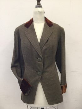 FOX 12 MTO, Brown, Rust Orange, Wool, Cotton, Heathered, Solid, Heathered Brown Wool Blazer with Rust Velvet Collar, Buttonholes & Cuffs, 2 Button Cut Away, 1 Pocket. 3 Panelled Long Back. Some Wear on the Velvet. Lining Needs to Be Raw Edge, Sewn in Areas See Close Up,