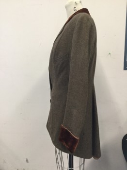 FOX 12 MTO, Brown, Rust Orange, Wool, Cotton, Heathered, Solid, Heathered Brown Wool Blazer with Rust Velvet Collar, Buttonholes & Cuffs, 2 Button Cut Away, 1 Pocket. 3 Panelled Long Back. Some Wear on the Velvet. Lining Needs to Be Raw Edge, Sewn in Areas See Close Up,