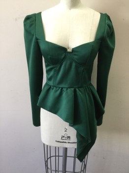 Womens, Top, SELF PORTRAIT, Green, Polyester, Solid, 0, Satin, Bra Cups, Pleated Long Sleeves, with Button/Loop Closures, Gathered Assymetric Peplum, Zip Back, Spaghetti Strap at Back Neck
