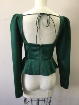 Womens, Top, SELF PORTRAIT, Green, Polyester, Solid, 0, Satin, Bra Cups, Pleated Long Sleeves, with Button/Loop Closures, Gathered Assymetric Peplum, Zip Back, Spaghetti Strap at Back Neck