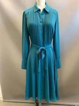 NANETTE LEPORE, Teal Green, Polyester, Solid, Button Front, Long Sleeves, Collar Attached, Pintuck Pleated Front, self Tie Belt