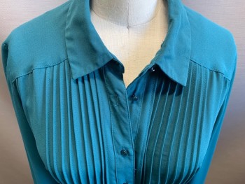 NANETTE LEPORE, Teal Green, Polyester, Solid, Button Front, Long Sleeves, Collar Attached, Pintuck Pleated Front, self Tie Belt