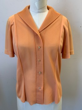 LEE MAR, Salmon Pink, Nylon, Solid, Button Front, Shoulder Burn on Short Sleeves, Bib Front and Collar Have Pin-tucks, 4 Rhinestone Buttons, 5th Button at the Bottom is Simple Clear Button,