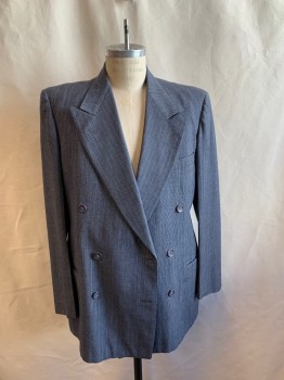 Mens, 1940s Vintage, Suit, Jacket, CURLEE CLOTHES, Gray, Navy Blue, Lt Blue, Wool, Stripes, 40R, Double Breasted, 6 Buttons, Peaked Lapel, 3 Pockets, 4 Buttons Cuffs, 4 PIECES, Jacket, Vest, 2 Pairs Of Pants
