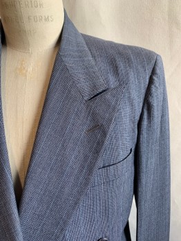Mens, 1940s Vintage, Suit, Jacket, CURLEE CLOTHES, Gray, Navy Blue, Lt Blue, Wool, Stripes, 40R, Double Breasted, 6 Buttons, Peaked Lapel, 3 Pockets, 4 Buttons Cuffs, 4 PIECES, Jacket, Vest, 2 Pairs Of Pants