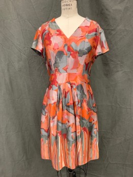 Womens, Dress, Short Sleeve, BANANA REPUBLIC, Peach Orange, Gray, Red, Dusty Lavender, Silk, Floral, 6P, Satin, V-neck, 2" Wide Self Waistband, Small Pleats at Center Front Waist, Straight Fit at Hips, 2 Pckts, Knee Length, Invisible Zipper in Back
