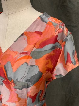 Womens, Dress, Short Sleeve, BANANA REPUBLIC, Peach Orange, Gray, Red, Dusty Lavender, Silk, Floral, 6P, Satin, V-neck, 2" Wide Self Waistband, Small Pleats at Center Front Waist, Straight Fit at Hips, 2 Pckts, Knee Length, Invisible Zipper in Back