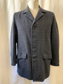 Mens, Coat, WEBSTER, Gray, Black, Wool, Grid , Plaid, 46, 1950's, Single Breasted, Collar Attached, Notched Lapel, 2 Flap Pockets, Long Sleeves, Button Tabs at Cuff