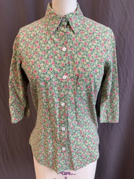 Womens, Blouse, TAGRAG, Lt Green, Pink, Dk Red, Dk Green, Yellow, Cotton, Floral, XS, Collar Attached, Button Front, 3/4 Sleeves, 1 Pocket, Curved Hem