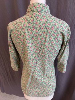 Womens, Blouse, TAGRAG, Lt Green, Pink, Dk Red, Dk Green, Yellow, Cotton, Floral, XS, Collar Attached, Button Front, 3/4 Sleeves, 1 Pocket, Curved Hem