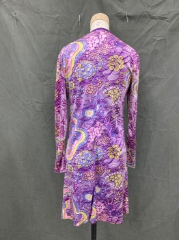 Womens, 1960s Vintage, Piece 2, N/L, Purple, White, Blue, Pink, Lt Green, Polyester, W 25, B 32, Jacket, Psychedelic Pattern, Solid Purple Braided Ribbon Trim, 3 Button/Loop Front, Long Sleeves, Hem Above Knee