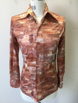 LB, Burnt Orange, Rust Orange, Tan Brown, Polyester, Novelty Pattern, Abstract Landscape Pattern with Trees, Buildings, Victorian Ladies, Etc, Stretchy Material, Long Sleeve Button Front, Collar Attached,