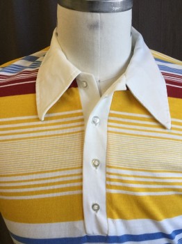 DAVID HOM SEN, White, Goldenrod Yellow, Maroon Red, French Blue, Polyester, Cotton, Stripes - Horizontal , Solid White Collar Attached and  Placket with 4 Button Front, Short Sleeves,