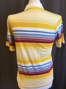 DAVID HOM SEN, White, Goldenrod Yellow, Maroon Red, French Blue, Polyester, Cotton, Stripes - Horizontal , Solid White Collar Attached and  Placket with 4 Button Front, Short Sleeves,