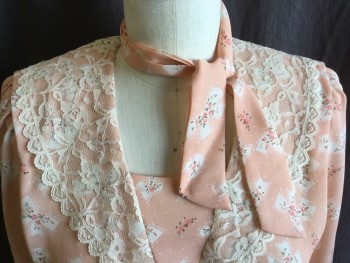 LISA PETITES, Lt Orange, Beige, Cream, Olive Green, Lt Olive Grn, Polyester, Floral, Novelty Pattern, Soft Light Orange with Cream Ribbon Bow & Tiny Orange/olive/light Olive Floral Print, V-neck Seam with Beige Lace Shawl Lapel, 1 Large Pleat on Shoulder, 3/4 Sleeves, Dropped Waist with Accordion Pleat Skirt, SELF Detachable Tie  "2X31"