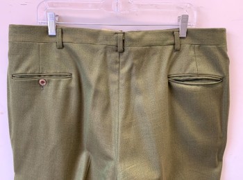 Mens, 1960s Vintage, Suit, Pants, DONZINI, Avocado Green, Wool, Speckled, Ins:33, W:38, Flat Front, Straight Leg, Zip Fly, 4 Pockets, Belt Loops,