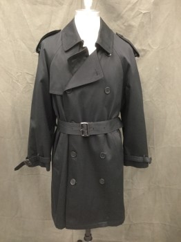 Mens, Coat, Trenchcoat, BRADLEY JONS, Black, Polyester, Solid, 36S, Double Breasted, Collar Attached, Raglan Long Sleeves, Epaulets, 2 Pockets, Belted Cuffs with Belt Loops, Self Buckle Belt, Vented Back Yoke, Right Shoulder Flap Panel, Zip Detachable Lining