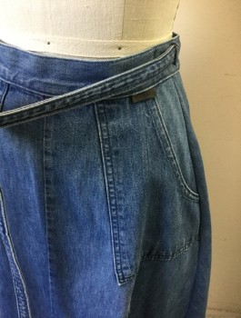 N/L, Denim Blue, Cotton, Solid, Medium Blue Denim, Wrap Skirt with 1" Wide Self Waistband, Attached Self Ties, A-Line, Knee Length, 2 Curved Front Pockets