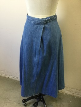 N/L, Denim Blue, Cotton, Solid, Medium Blue Denim, Wrap Skirt with 1" Wide Self Waistband, Attached Self Ties, A-Line, Knee Length, 2 Curved Front Pockets