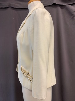 Womens, Blazer, N/L, Cream, White, Champagne, Wool, Beaded, Solid, W30, B36, Single Breasted, Notched Lapel, Hook & Eyes, Princess Seams, Beaded Pocket Flaps,