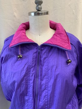 PACIFIC TRAIL, Purple, Nylon, Polyester, Windbreaker, Mock Neck with Drawstring, Pink Trim, Zip Front, Long Sleeves, 2 Pockets,