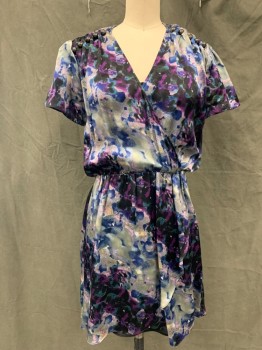 Womens, Dress, Short Sleeve, CHARLOTTE RONSON, Gray, Purple, Black, Blue, Teal Green, Silk, Floral, Abstract , 2, Surplice Top, Gathered at Shoulder Seam, Short Sleeves, Silver Balls at Shoulders, Elastic Waist, Faux Wrap Skirt, Black Slip with Shoulder Snap In, Hem Above Knee