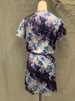 Womens, Dress, Short Sleeve, CHARLOTTE RONSON, Gray, Purple, Black, Blue, Teal Green, Silk, Floral, Abstract , 2, Surplice Top, Gathered at Shoulder Seam, Short Sleeves, Silver Balls at Shoulders, Elastic Waist, Faux Wrap Skirt, Black Slip with Shoulder Snap In, Hem Above Knee