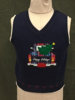 IZOD, Navy Blue, White, Cotton, Solid, Sweater Vest, V-neck, Ribbed Knit Neck/Armhole/Waistband with White Trim, Plaid Truck Appliqué with Happy Holidays Sign and Christmas Tree