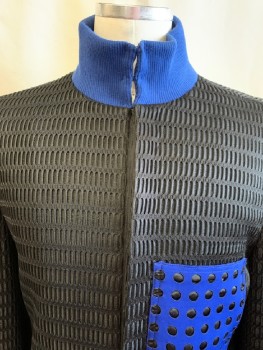 NL, Black, Polyester, Blue Ribbed Mock Collar & Cuffs, Snap Front, Mesh, Long Oval Cut Outs, Blue Patch Pocket With Circle Cut Outs