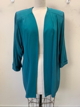 Nina Piccalinu, Teal Blue, Polyester, Solid, L/S, Pleated, Open Front, Shoulder Pads
