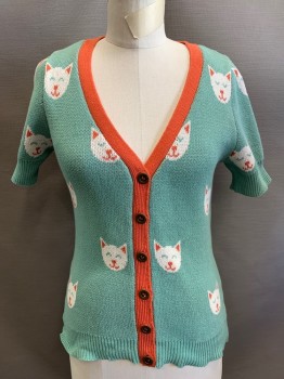 Womens, Cardigan Sweater, MODCLOTH, Mint Green, White, Melon Orange, Cotton, Animals, 6, M, Button Front, Cats Smiling, Short Sleeves,
