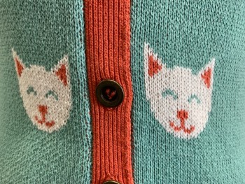 MODCLOTH, Mint Green, White, Melon Orange, Cotton, Animals, Button Front, Cats Smiling, Short Sleeves,