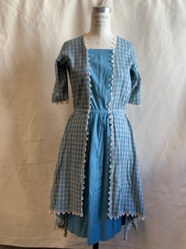 Womens, Dress, TRADEMARK, French Blue, White, Black, Cotton, Plaid, Color Blocking, W 32, B 37, H 43, French Blue Front Panel and Skirt, Pointed Lace White Trim, Off Center Snap Front, 3/4 Sleeve with Solid French Blue Triangle Inset, Gathered Skirt, Plaid Overskirt Triangular Panels