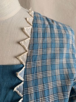 Womens, Dress, TRADEMARK, French Blue, White, Black, Cotton, Plaid, Color Blocking, W 32, B 37, H 43, French Blue Front Panel and Skirt, Pointed Lace White Trim, Off Center Snap Front, 3/4 Sleeve with Solid French Blue Triangle Inset, Gathered Skirt, Plaid Overskirt Triangular Panels