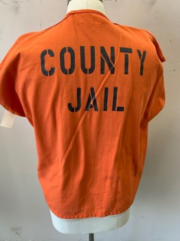Unisex, Piece 1, Bob Barker, Orange, Black, Cotton, Solid, L, Prison Shirt, S/S, V Neck, Chest Pocket, ( County Jail) Print