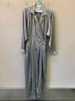 NO LABEL, Silver, Polyester, Mosaic Pattern, L/S, V Neck, Notched Lapel, C.A., Crossover, Shoulder Pads, Elastic Waist Band, Side Pockets, Pleated